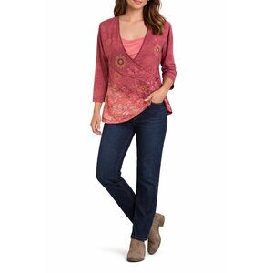 Jason Maxwell Womens Wrap Top M Red 3/4 Sleeves Embroidered Floral Cottagecore
